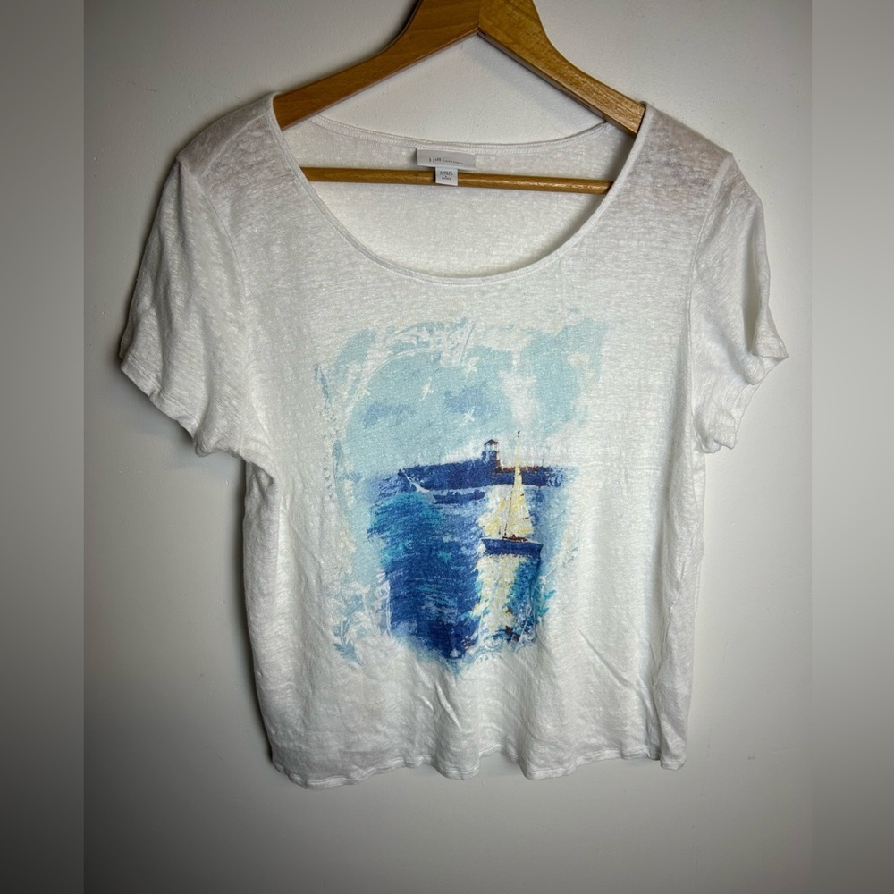J. Jill White Short Sleeve Tee with Blue Sailboat Print